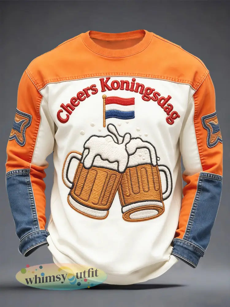 Nederland Koningsdag bierprint denim patchwork casual T-shirt met lange mouwen - Veelkleurig / S