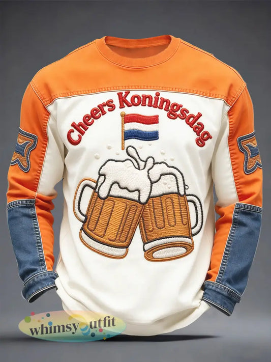 Nederland Koningsdag bierprint denim patchwork casual T-shirt met lange mouwen - Veelkleurig / S