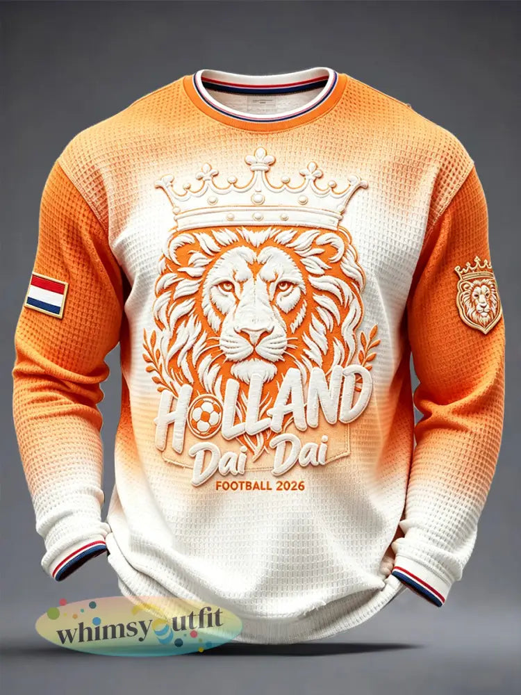 Nederland Leeuwen Heren Voetbal 2026 Gradiënt Print Casual T-shirt met lange mouwen - Sinaasappel / S