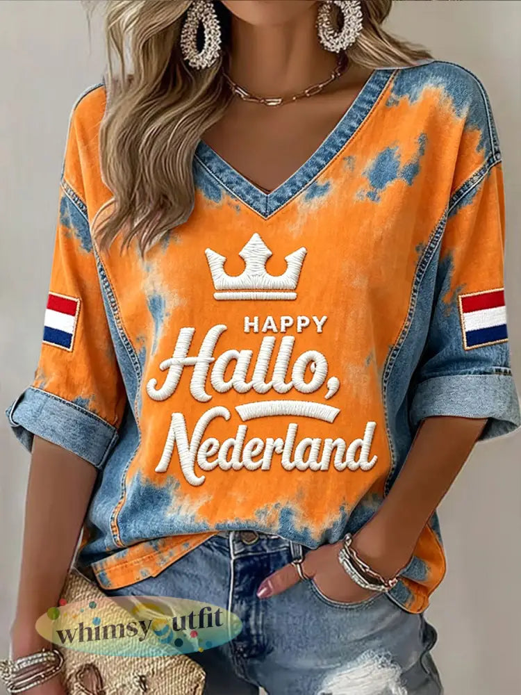 Nederland Text Design Denim Gradiënt Print Casual V-hals T-shirt - Sinaasappel / S