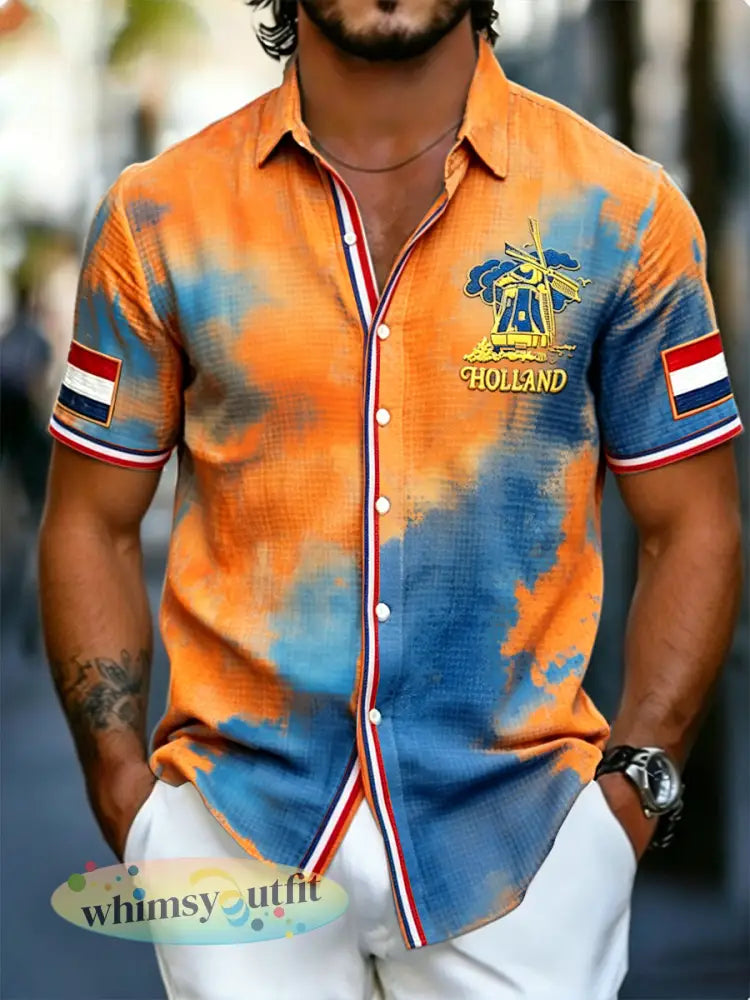 Nederland Windmolenprint Casual overhemd met korte mouwen - Sinaasappel / S
