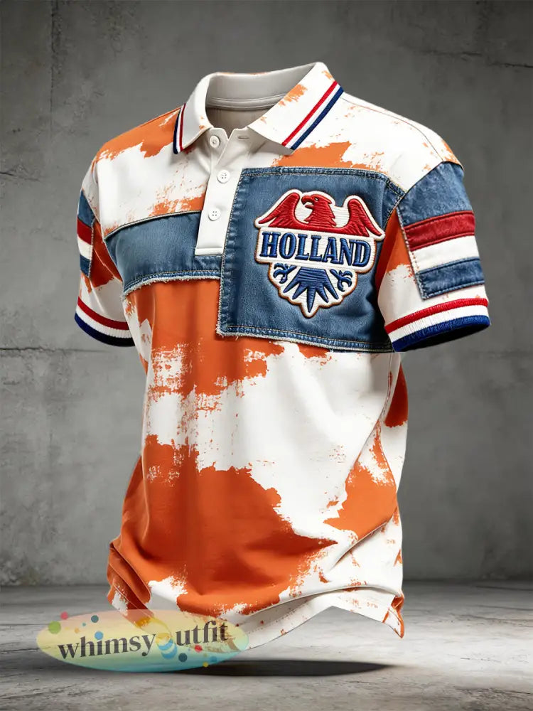 Nederlands denim patchwork print casual poloshirt - Oranje wit / S
