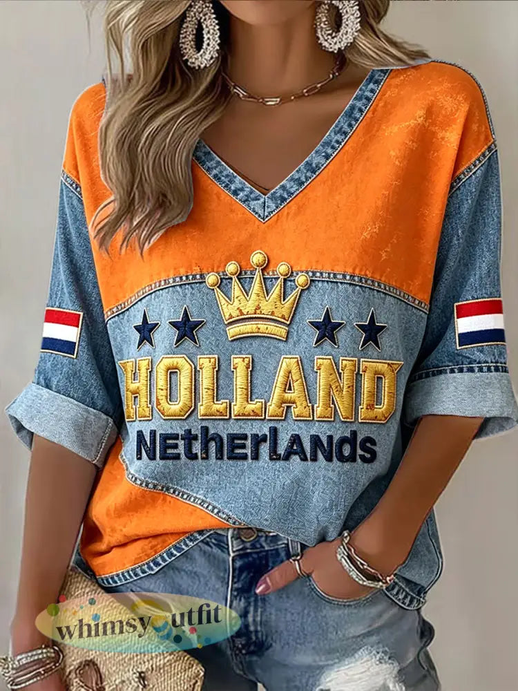 Nederlands geïnspireerde damesmode T-shirt met onregelmatige denimprint en V-hals - Sinaasappel / S