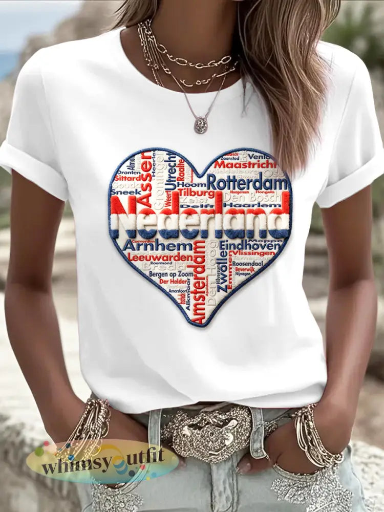 Nederlands geïnspireerde typografie hartenprint wit T-shirt voor dames - Wit / S