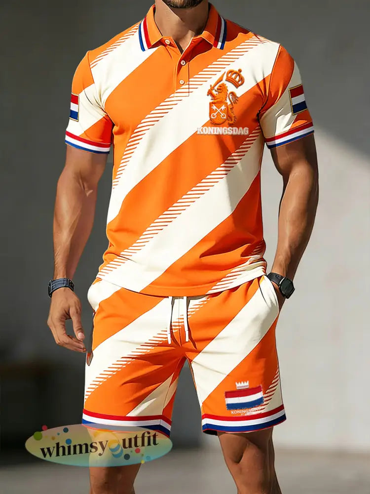 Nederlands gestreepte herenset casual poloshirt en korte broek voor heren - Oranje wit / S