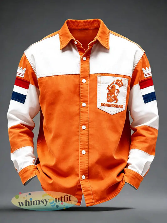 Nederlands koningsdag patchwork print casual shirt met lange mouwen - Sinaasappel / S
