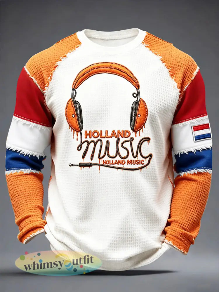 Nederlands Muziek Festival Rock Patchwork Print Casual Mode T-shirt met lange mouwen - Oranje wit / S