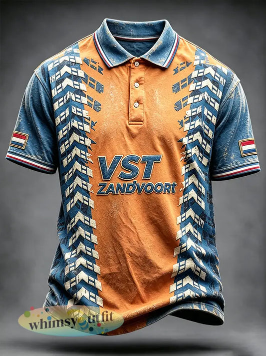 Nederlands racing patchwork print casual poloshirt voor heren - Sinaasappel / S