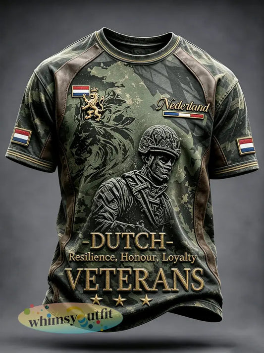 Nederlands Veteraan Patchwork Print Casual T-shirt - Groene Leger / S