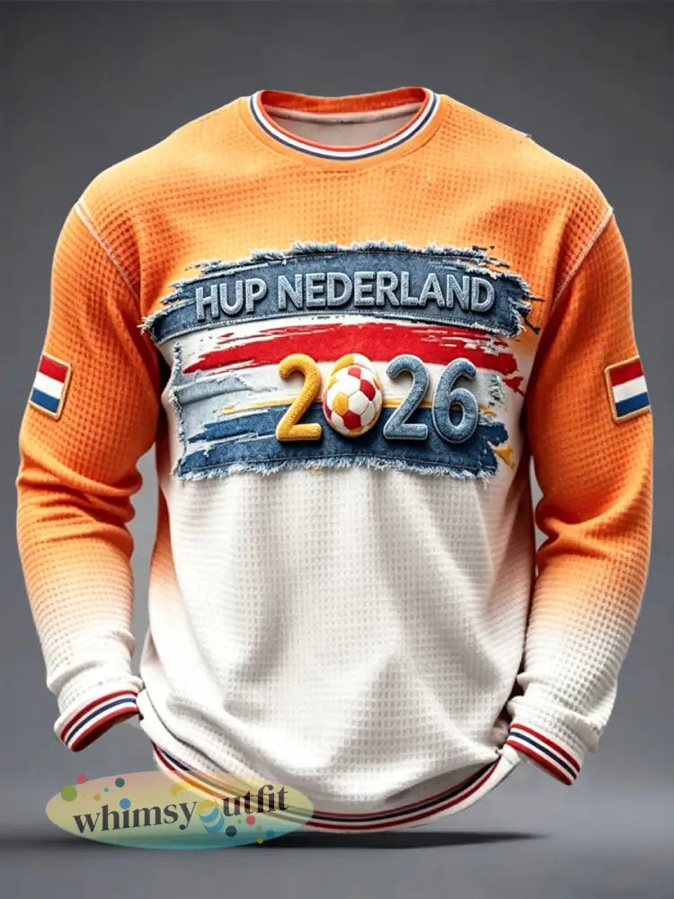 Nederlands voetbal 2026 Gedrukte casual wafel-Weave T-shirt met lange mouwen - Sinaasappel / S