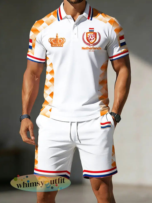 Nederlands voetbal geometrische patchwork print casual poloshirt en korte broek - Wit / S