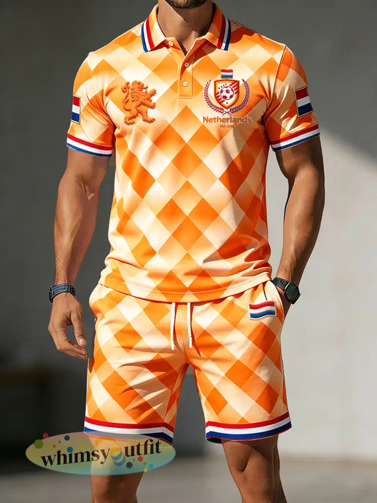 Nederlands voetbal geometrische print casual poloshirt en korte broek voor heren - Sinaasappel / S