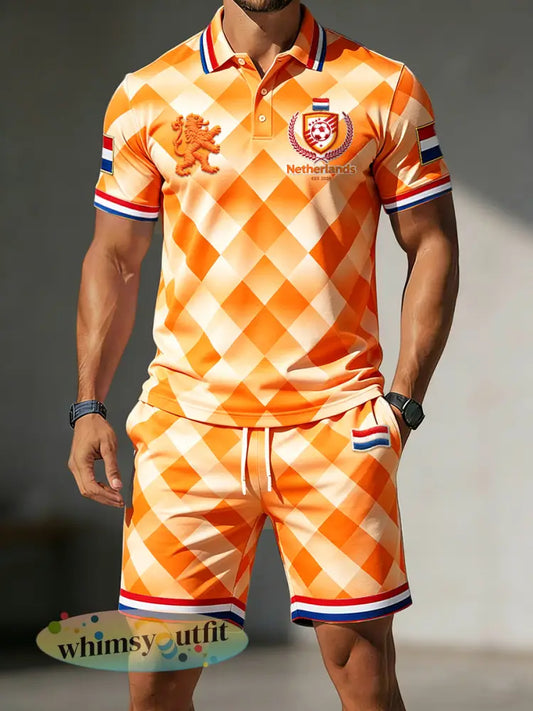 Nederlands voetbal geometrische print casual poloshirt en korte broek voor heren - Sinaasappel / S