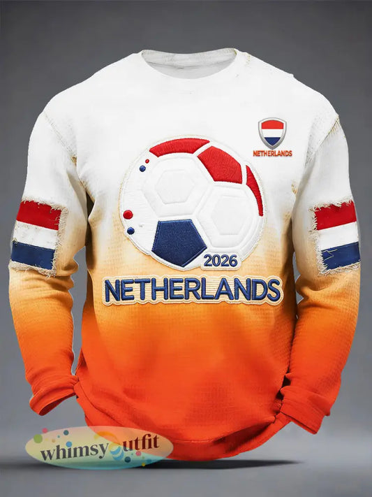 Nederlands voetbal heren gradiënt patchwork print casual T-shirt met lange mouwen - Oranje wit / S