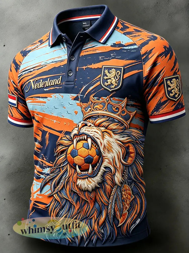 Nederlands voetbal heren leeuwen camouflage patchwork print casual mode poloshirt - Veelkleurig / S