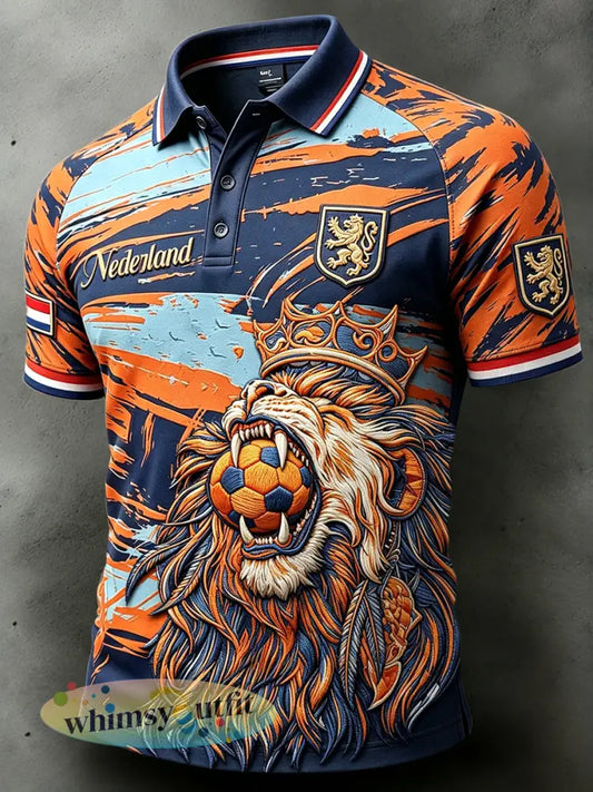 Nederlands voetbal heren leeuwen camouflage patchwork print casual mode poloshirt - Veelkleurig / S