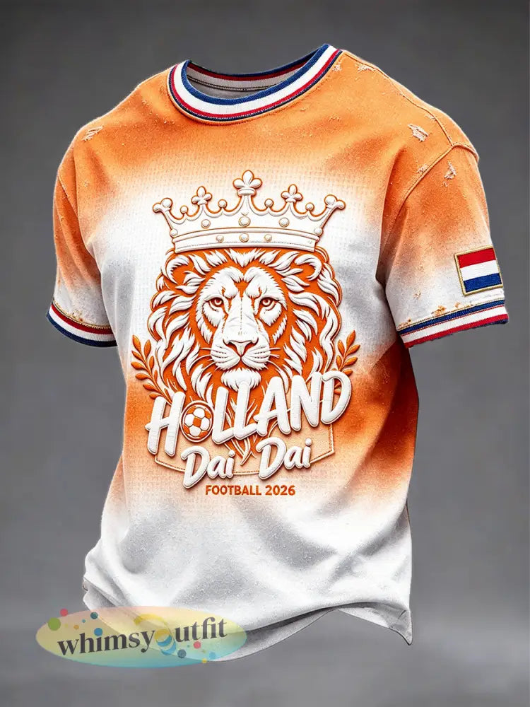 Nederlands voetbal heren leeuwen gradiëntprint casual T-shirt - Sinaasappel / S