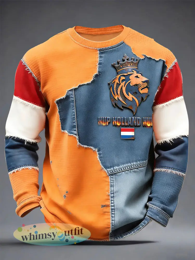 Nederlandse 3D Leeuw Onregelmatige Denim Patchwork Print Casual T-shirt met lange mouwen - Sinaasappel / S