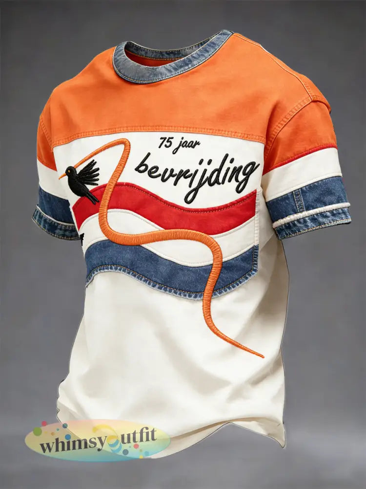 Nederlandse Bevrijdingsdag denim patchwork print casual T-shirt - Veelkleurig / S