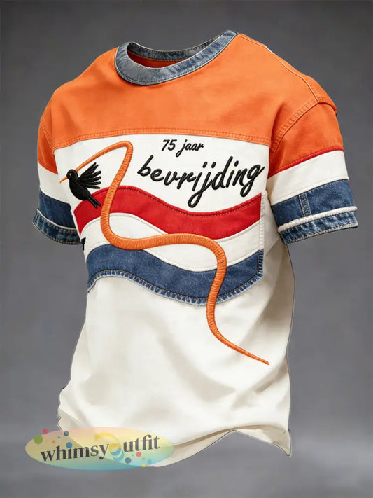 Nederlandse Bevrijdingsdag denim patchwork print casual T-shirt - Veelkleurig / S