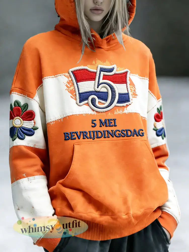 Nederlandse Bevrijdingsdag patchwork print casual sweatshirt met capuchon - Sinaasappel / S