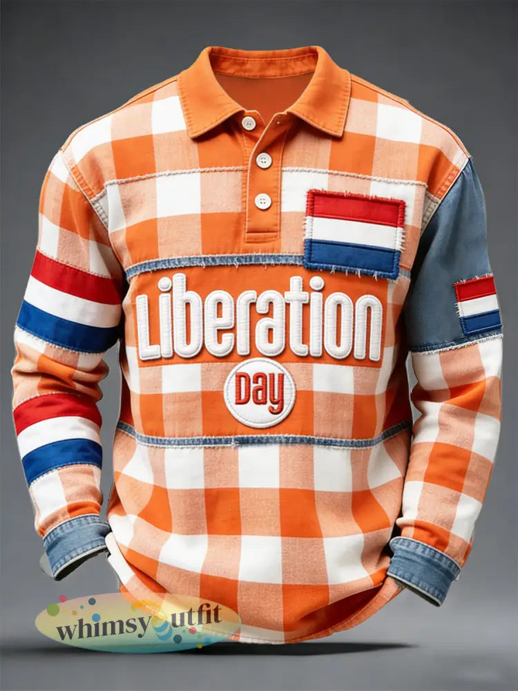 Nederlandse bevrijdingsdag Tartan patchwork print casual poloshirt met lange mouwen - Sinaasappel / S