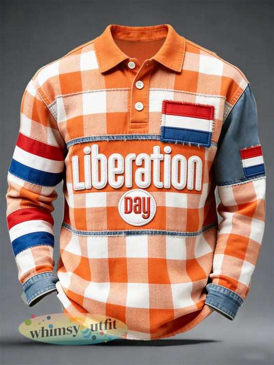 Nederlandse bevrijdingsdag Tartan patchwork print casual poloshirt met lange mouwen - Sinaasappel / S