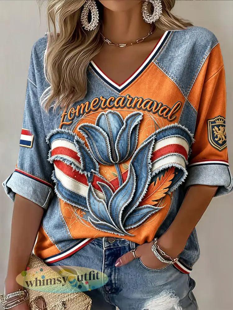 Nederlandse denim patchwork tulp zomercarnaval print casual V-hals T-shirt - Veelkleurig / S