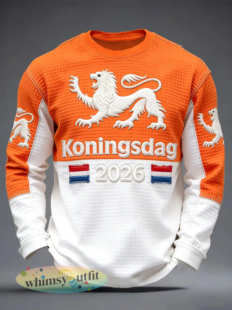 Nederlandse heren 2026 Koningsdag patchwork print T-shirt met lange mouwen - Sinaasappel / S