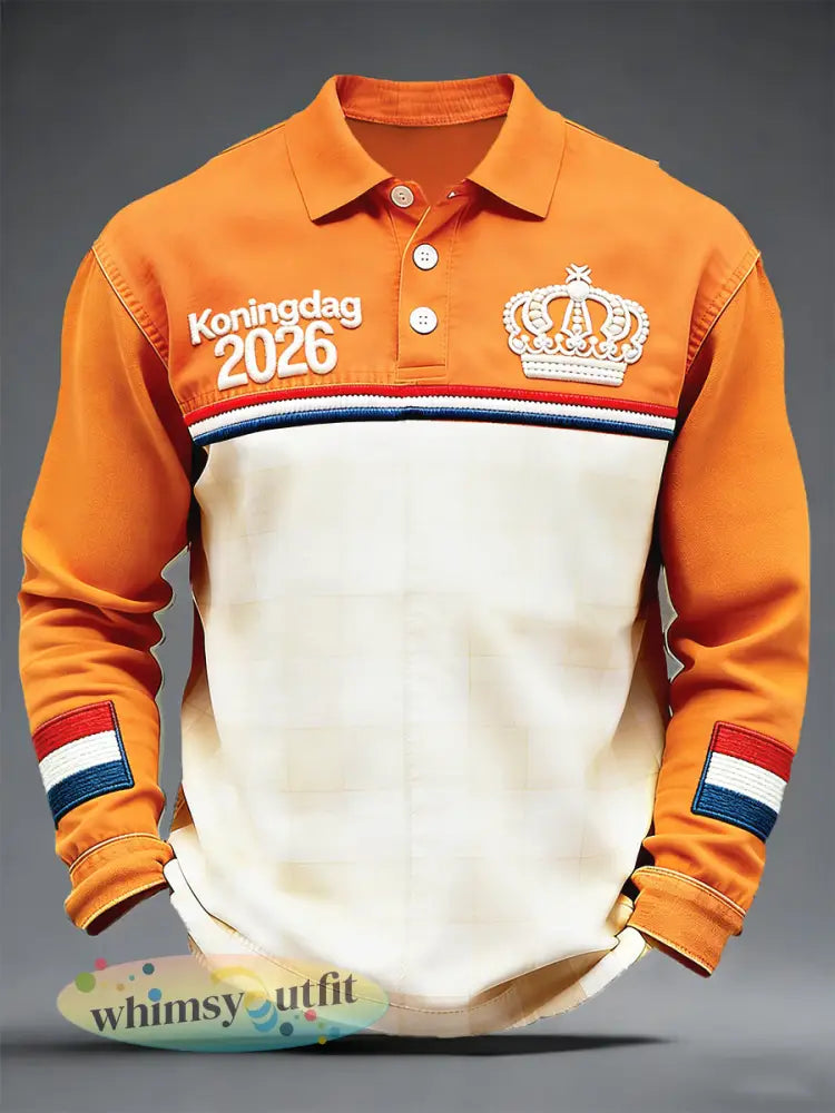 Nederlandse Koningsdag 2026 geruite patchwork print poloshirt met lange mouwen - Oranje wit / S