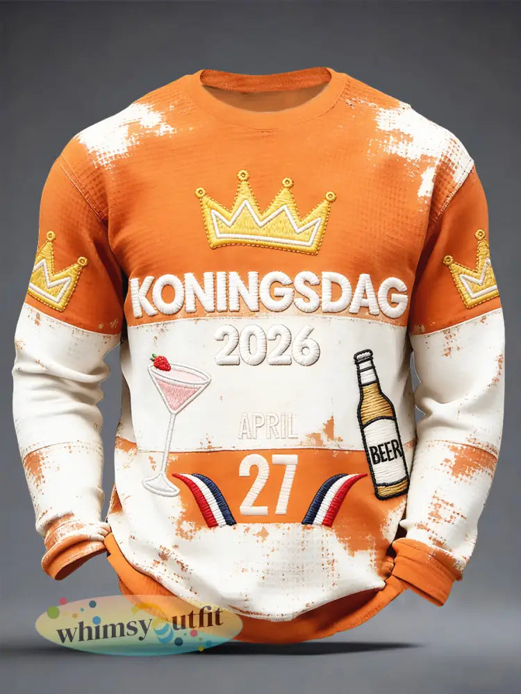 Nederlandse Koningsdag 2026 Vintage patchwork print T-shirt met lange mouwen - Sinaasappel / S