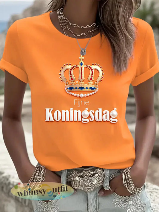 Nederlandse Koningsdag 3D-geprinte oranje casual T-shirt voor dames - Sinaasappel / S