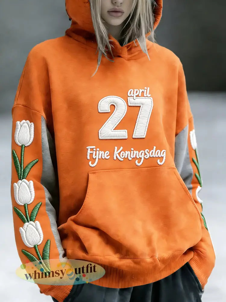 Nederlandse Koningsdag 3D Tulpenprint casual sweatshirt met capuchon voor dames - Sinaasappel / S