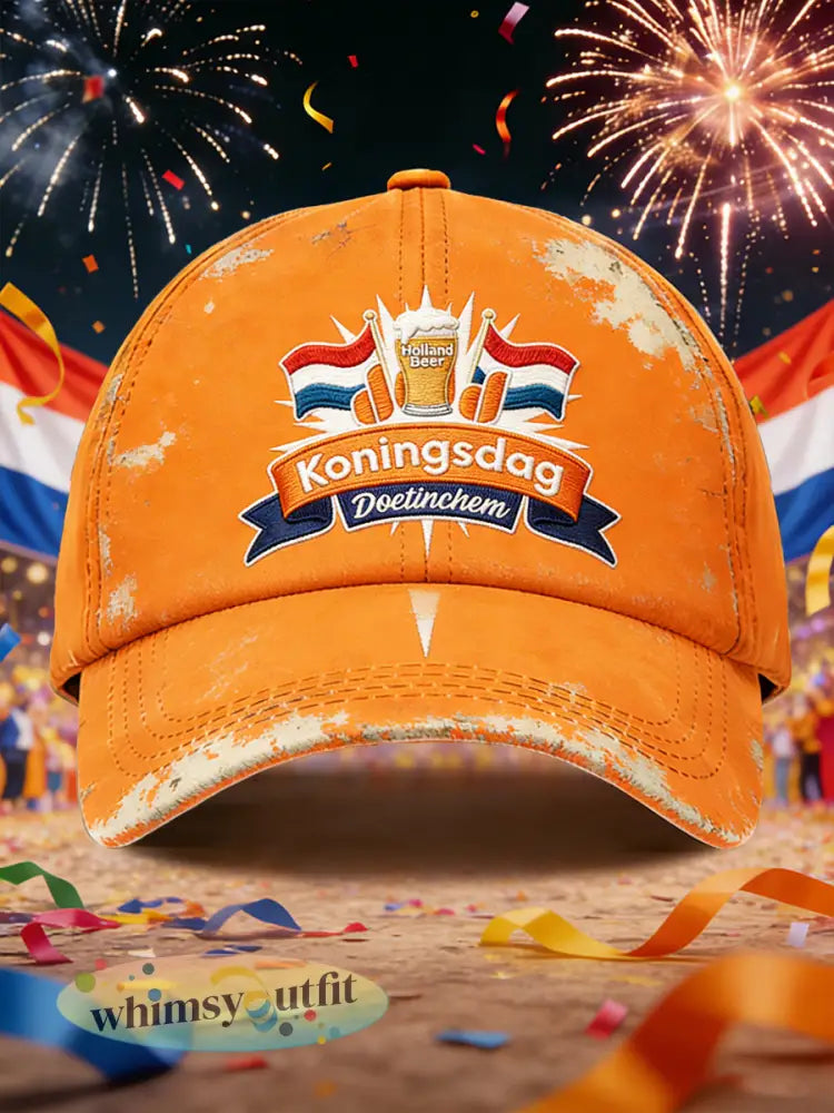 Nederlandse Koningsdag bier geborduurde vintage print casual hoed - Sinaasappel / 58CM