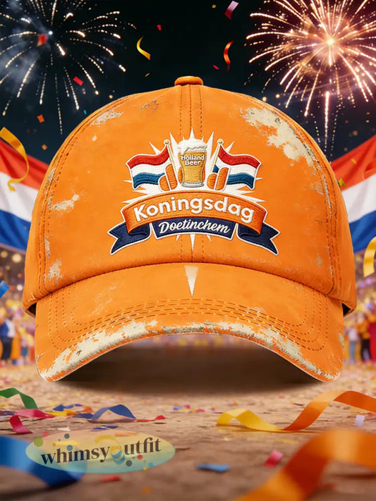 Nederlandse Koningsdag bier geborduurde vintage print casual hoed - Sinaasappel / 58CM