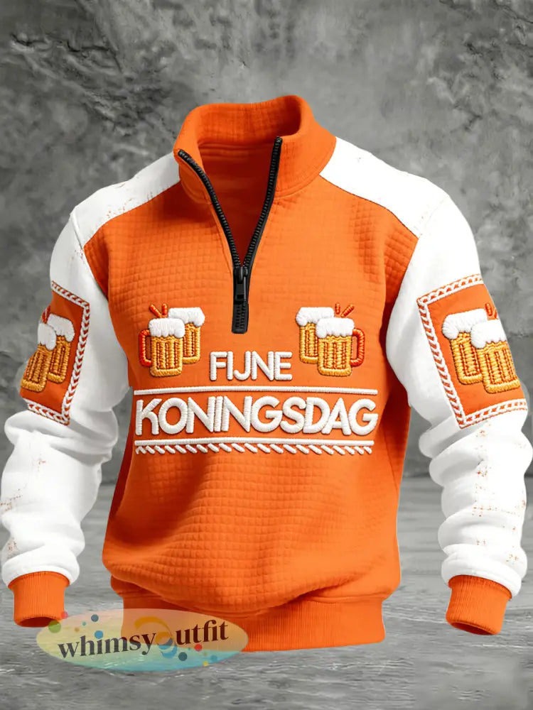 Nederlandse koningsdag bierpatchwork ruit katoenen katoenen staafkraag sweatshirt - Sinaasappel / S