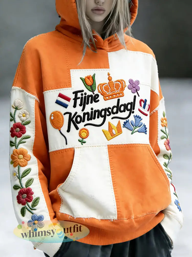 Nederlandse Koningsdag cartoon patchwork print casual sweatshirt met capuchon - Sinaasappel / S