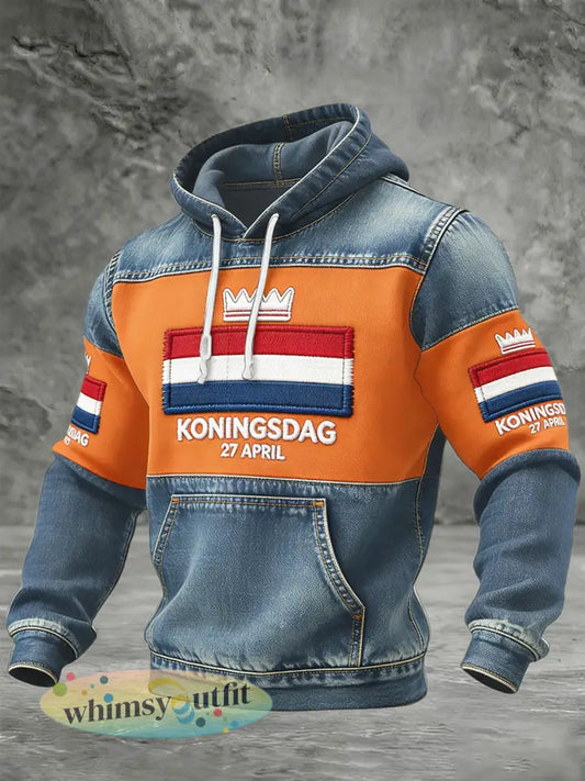 Nederlandse koningsdag denim patchwork print casual sweatshirt met capuchon - Veelkleurig / S