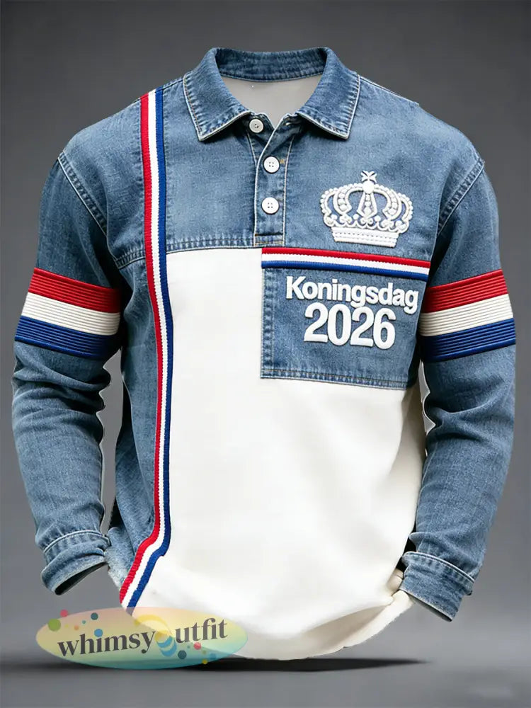 Nederlandse Koningsdag denim patchwork print poloshirt met lange mouwen - Blauw / S