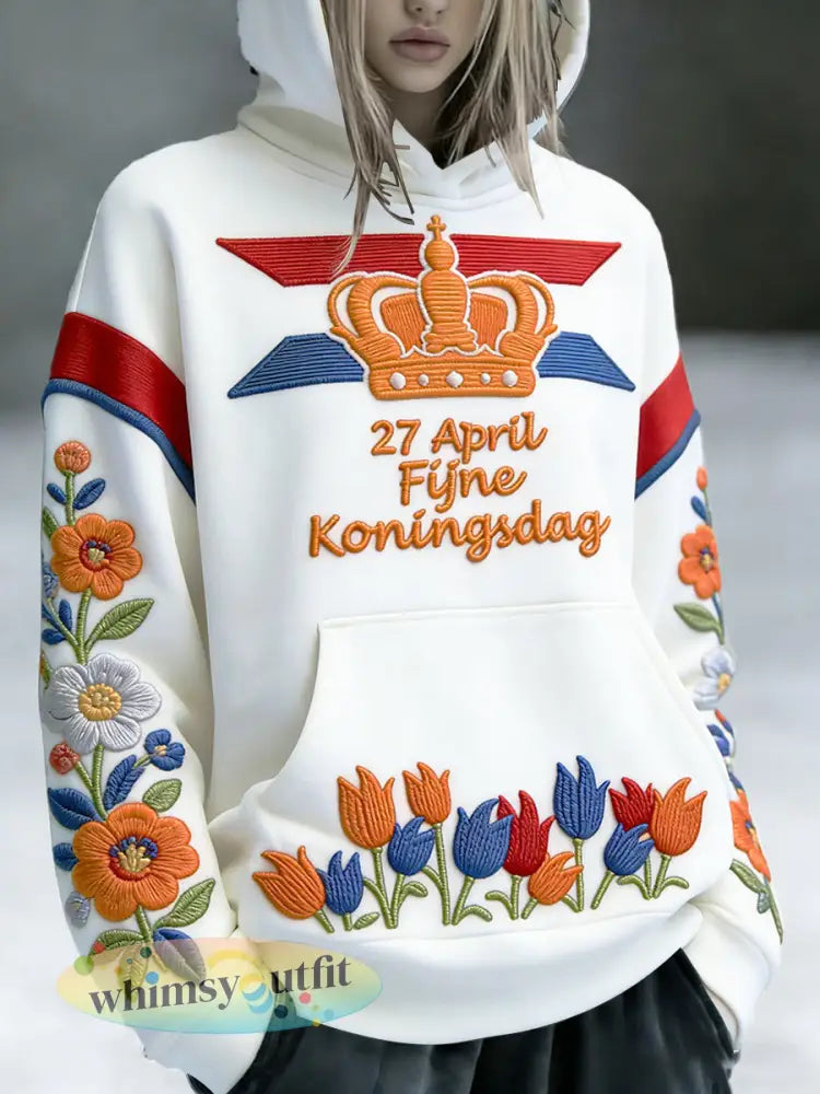 Nederlandse Koningsdag geborduurde bloemenprint wit casual sweatshirt met capuchon - Wit / S
