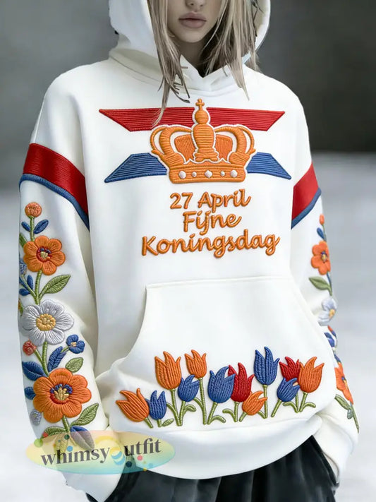 Nederlandse Koningsdag geborduurde bloemenprint wit casual sweatshirt met capuchon - Wit / S