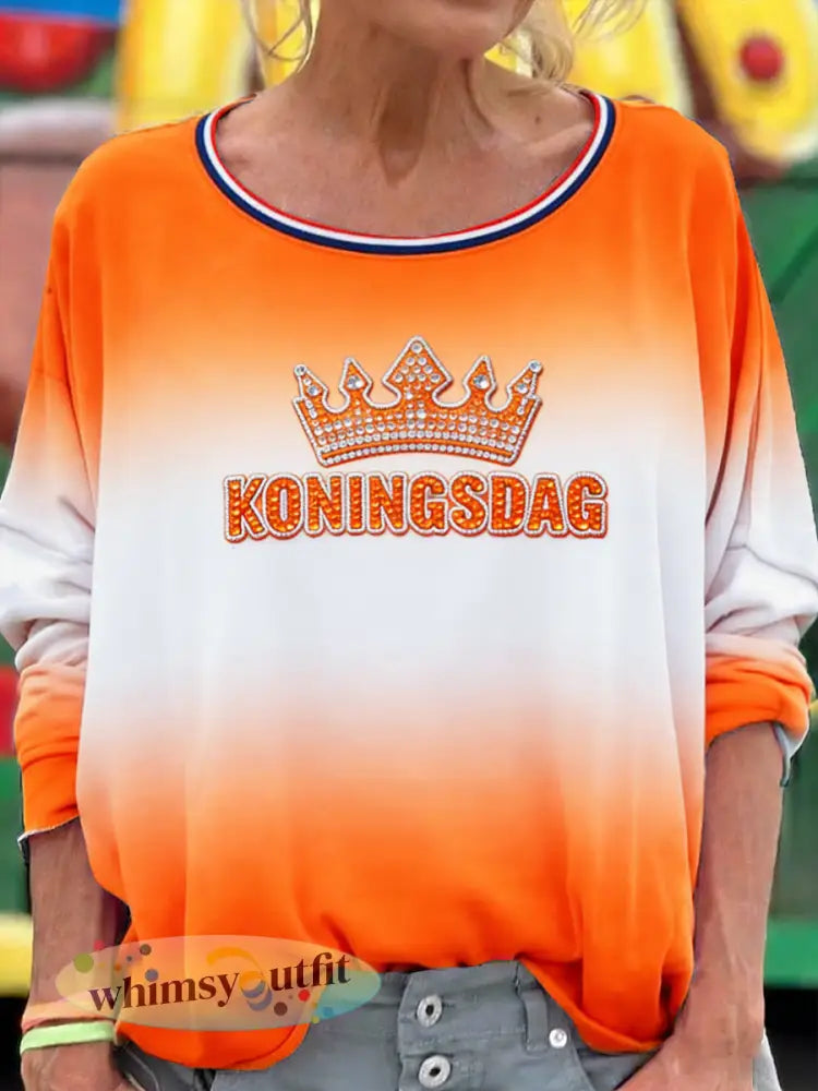 Nederlandse Koningsdag Oranje gradiëntprint casual T-shirt met lange mouwen voor dames - Oranje wit / S
