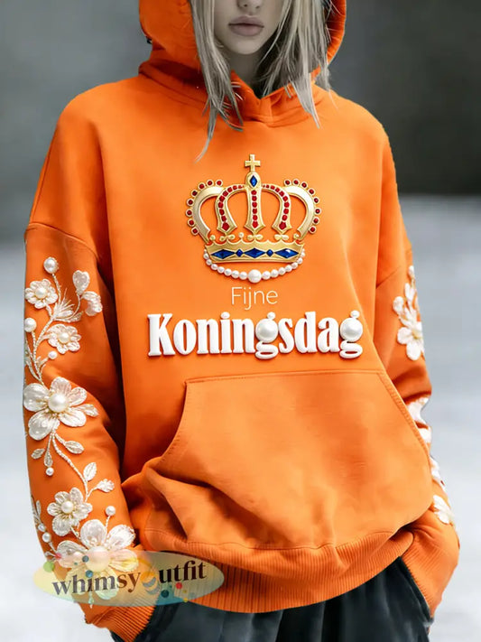 Nederlandse Koningsdag parelmoer bloemenprint casual sweatshirt met capuchon - Sinaasappel / S