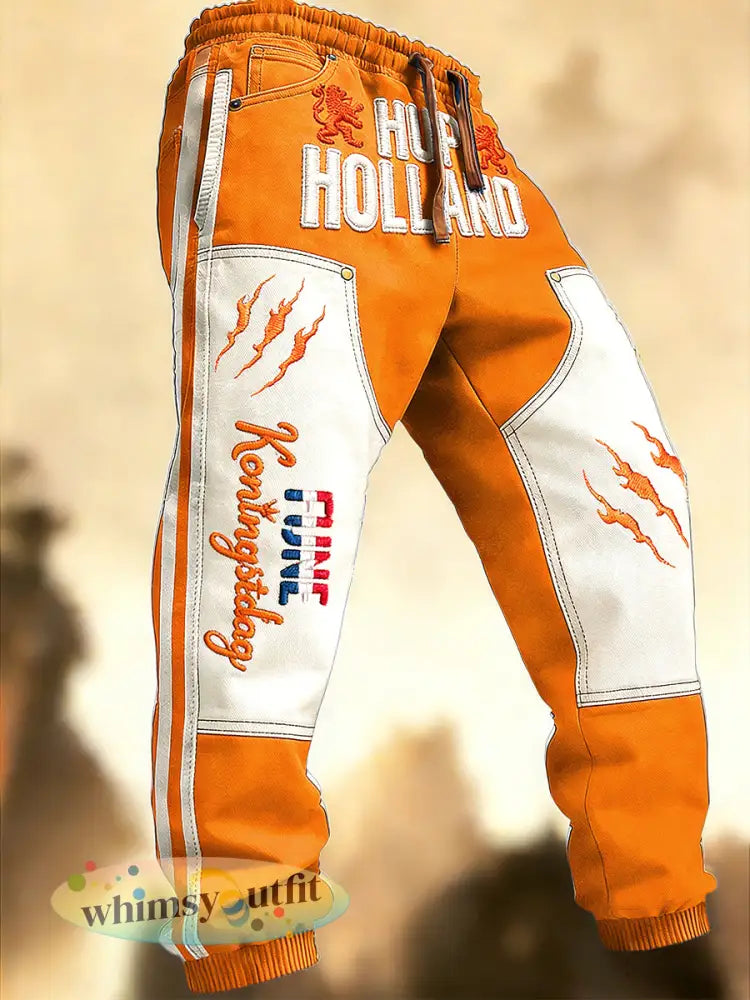 Nederlandse koningsdag patchwork print casual joggingbroek broek voor heren - Oranje wit / S