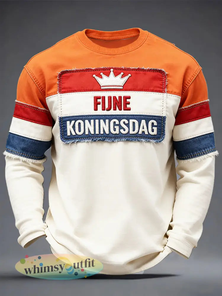 Nederlandse Koningsdag patchwork print casual T-shirt met lange mouwen - Romig-Wit / S