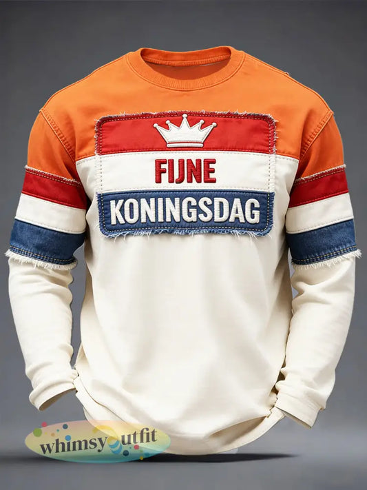 Nederlandse Koningsdag patchwork print casual T-shirt met lange mouwen - Romig-Wit / S