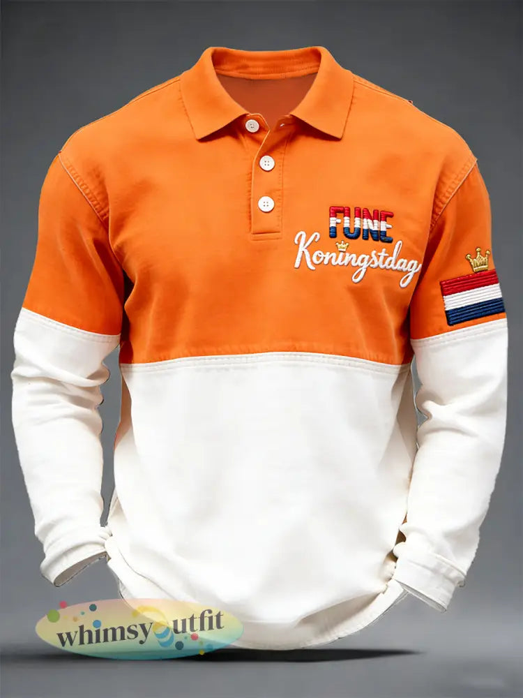 Nederlandse Koningsdag patchwork print minimalistisch poloshirt met lange mouwen - Oranje wit / S