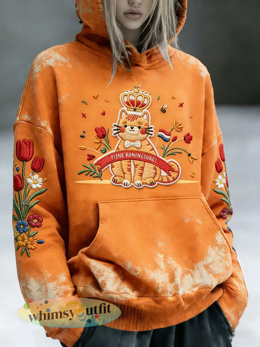 Nederlandse Koningsdag schattige kattenprint casual sweatshirt met capuchon voor dames - Sinaasappel / S