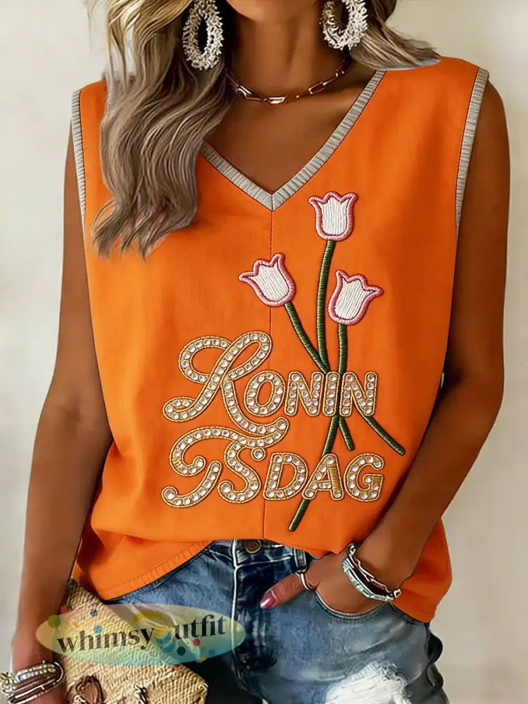 Nederlandse Koningsdag tulp 3D-geprint casual vest voor dames - Sinaasappel / S