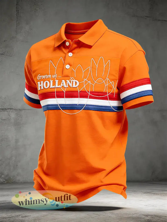 Nederlandse koningsdag tulp patchwork print casual poloshirt met korte mouwen - Sinaasappel / S